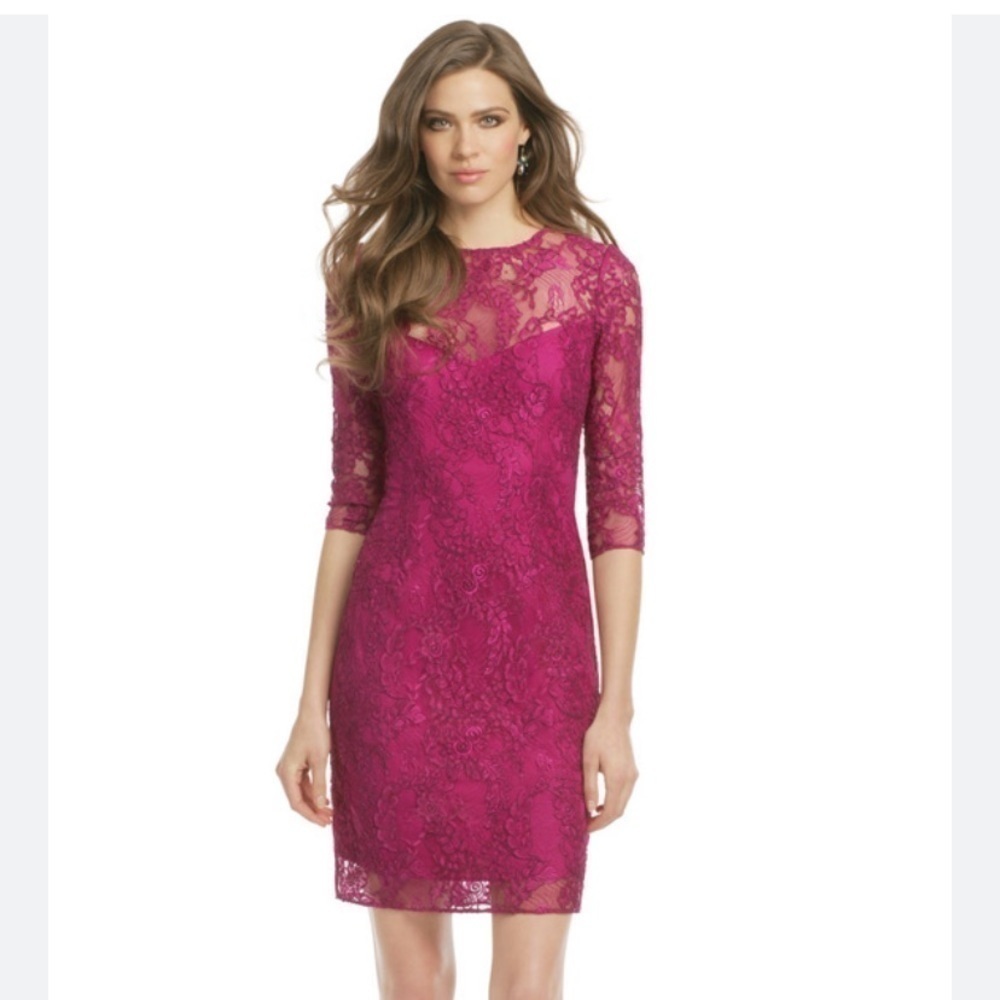 Carmen Marc Valvo Botanical Berry Lace Sheath Dress